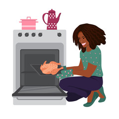 Dark-skinned girl is sitting in front of an open oven with a dish. Young woman puts the chicken in the oven. The concept of cooking at home. Vector Illustration in a flat style on white background.