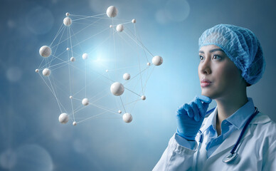 Female scientist doctor examining virtual molecular model 3d hologram. Futuristic medical research...