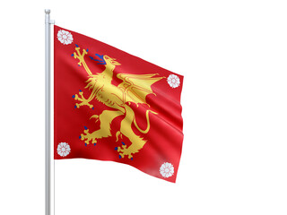 Ostergotland (county in Sweden) flag waving on white background, close up, isolated. 3D render
