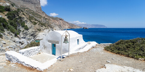 Panorama of Agia Anna chapel at Agia Anna Beach on Amorgos Island in Greece.