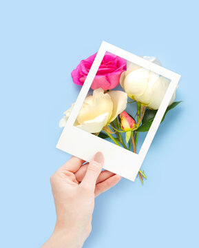 Creative concept photo of hand with polaroid picture with flowers on blue background.