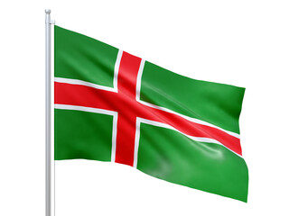 Smaland (province in Sweden) flag waving on white background, close up, isolated. 3D render