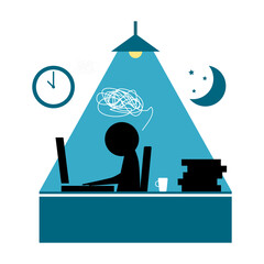 Office worker stressful deadline busy overtime (O.T.) late night on working space table laptop or computer notebook white background cartoon character flat vector design.