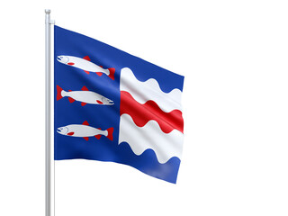 Vasternorrlands (county in Sweden) flag waving on white background, close up, isolated. 3D render