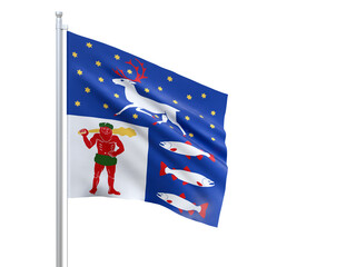Vasterbottens (county in Sweden) flag waving on white background, close up, isolated. 3D render