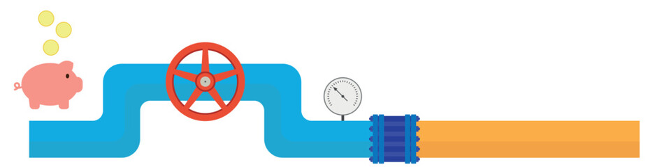 Blue-orange gas pipe with a red valve, pressure gauge, a coin falls into a piggy bank, flat vector, isolate on white