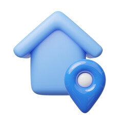 3d blue house, location pin icon. Cute home with GPS navigator checking points floating. Business investment, real estate, mortgage, loan concept. Cartoon icon minimal style. 3d render illustration.