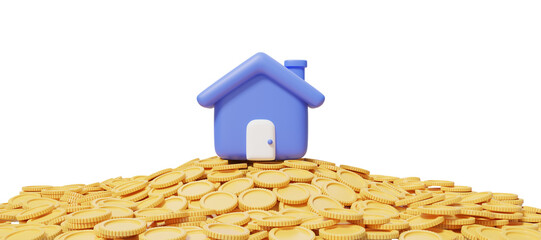 3d blue house on a pile of coins. Home model with door icon on blue background. Financial investment growth concept. Mockup cartoon icon minimal style. 3d render illustration.