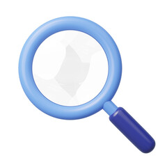 3D icon search. Magnifying glass lens for zoom isolated on blue background. Browser search, find, discovery, research, inspection concept. Business cartoon icon minimal style. 3d render illustration.