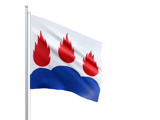 Vastmanlands (county in Sweden) flag waving on white background, close up, isolated. 3D render