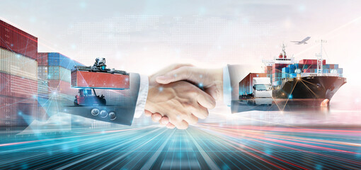 Business and Technology Digital Future of Partnership Transport Concept, Double Exposure Polygon...