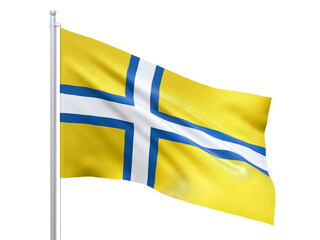 Vastergotland (province in Sweden) flag waving on white background, close up, isolated. 3D render