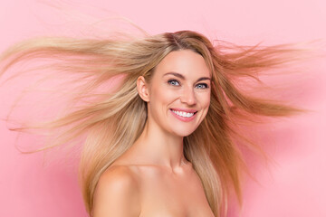 Photo of joyful lady have her hairstyle hairdo fly new anti dander shampoo aplly concept isolated over pink pastel color background