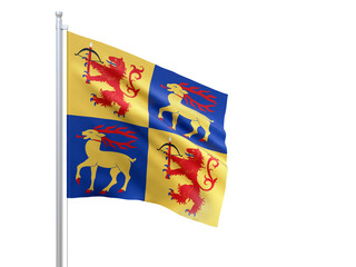 Kalmar (county in Sweden) flag waving on white background, close up, isolated. 3D render