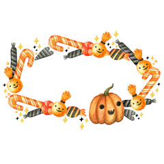 Oval, watercolor frame on the theme of Halloween. Watercolor candies, candy cane.