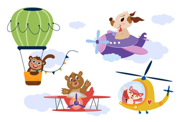 Cute animals in aircrafts. Happy characters flying by airplane, helicopter and balloon in sky. Funny pilot fox, dog, monkey and bear driving plane. Set of cartoon air transport with smiling aviators.