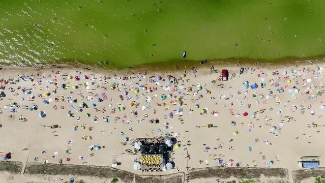 Aerial view of the beach and sea shore in Palanga, Lithuania. Beach town in Palanga with a lot of tourists.