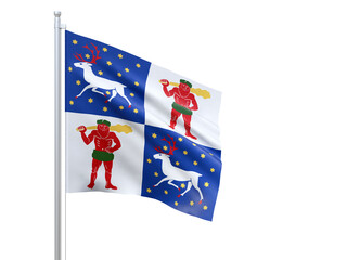 Norrbottens (county in Sweden) flag waving on white background, close up, isolated. 3D render
