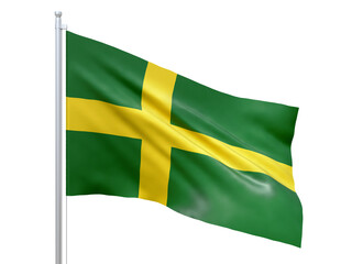 Oland (province in Sweden) flag waving on white background, close up, isolated. 3D render