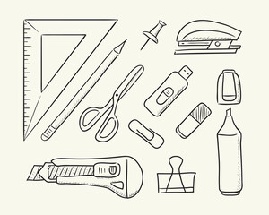 Stationery items. Hand drawn vector illustration.