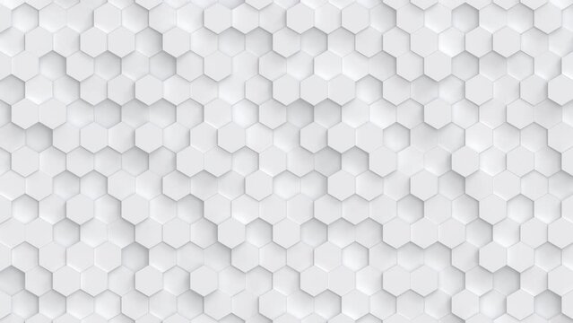 Abstract motion background from random moving white hexagons. Abstract honeycomb background. Great modern trends. Lightweight, minimal, moving hex grid. Seamless loop animation
