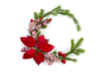 Christmas decoration. Frame of flower of red poinsettia, branch christmas tree, red berries on...