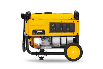 Portable gas generator on white background. Powerful portable gas or diesel generator to provide electricity. 