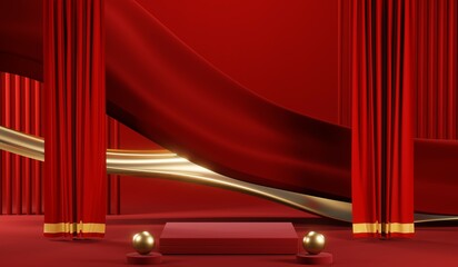 3D rendering of blank product background for cream cosmetics Modern red podium background