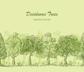 Deciduous Trees Horizontal Seamless Border. Hand Drawn Tree Sketch. Ink pen drawing. Vector illustration