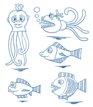 A set of cartoons octopus and fish.