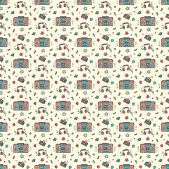 Music background. Seamless pattern with Hand drawn doodle Retro Musical Equipment.