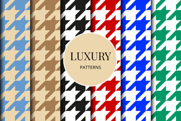 Houndstooth seamless patterns set. Fabric background. Classical checkered textile collection