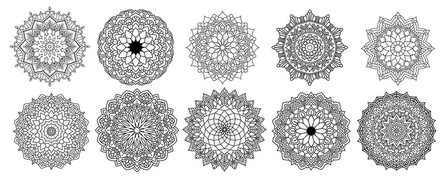 Floral Mandala Vector Pack Of 10, Ornament Round Set With A Mandala, Vintage Decorative Elements. Oriental Pattern, Vector Illustration. Islam, Arabic, Turkish, Pakistan, Chinese, Mandala Bundle 
