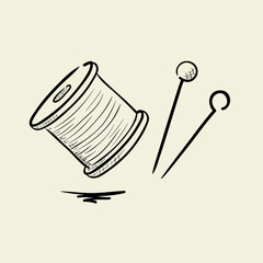 Hand drawn spool of threads and pins illustration