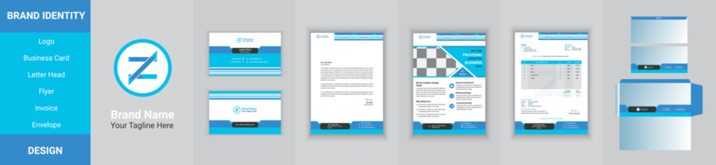 Blue corporate brand identity template design with black and various elements and vector illustration.
 Business stationery, logo, letterhead, flyer, invoice, envelope 