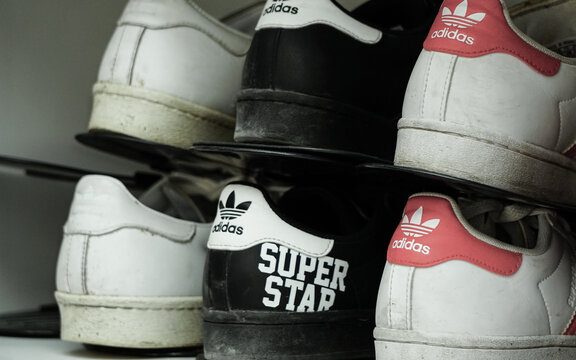 10 July 2022 Eskisehir Turkey. Three pair of Adidas superstar shoes on the shelf