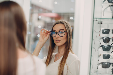 Close up of gorgeous young woman smiling picking and choosing glasses at the optician corner at the shopping mall. Happy beautiful woman buying eyewear eyeglasses at the optometrist. © primipil