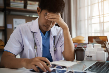 Docter eyestrain fatigued from computer work, stressed man suffer from headache bad vision sight...