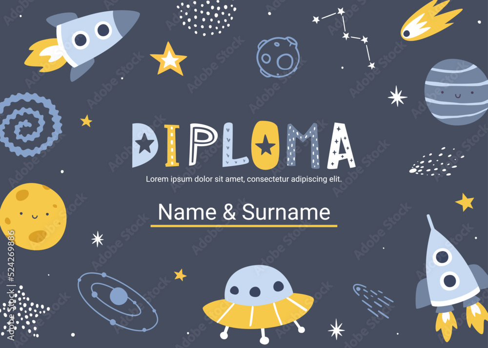 Wall mural outer space diploma template. cosmic vector certificate design for children competition.