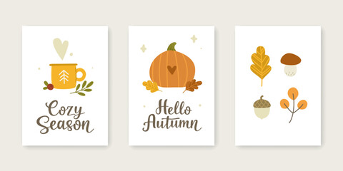 Set of cozy autumnal poster. Collection of fall vector prints for postcards.
