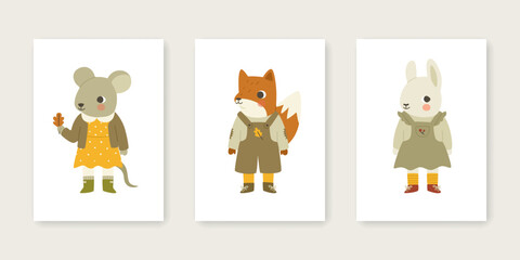 Poster set with baby animals. Autumnal vector prints collection with cute little animals.