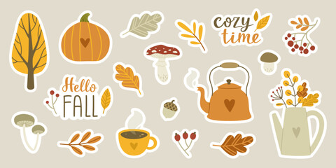Cozy autumn stickers pack. Cute fall season set. Vector autumnal decoration bundle.