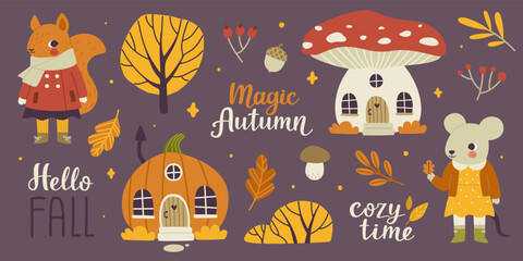 Magic autumn bundle with baby animals and fairy tale houses. Cute cartoon fall set.