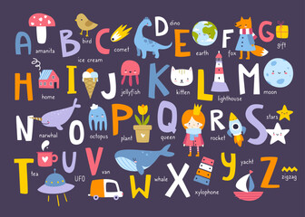 Cute english alphabet for kids with naive doodle pictures. Abc learning cartoon poster for babies. © Sonium_art