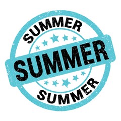 SUMMER text written on blue-black stamp sign.