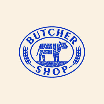 label of farm animal cow for butcher shop modern icon vector emblem. Butcher shop color logo ink stamp.