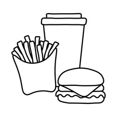 Fast food set sketch, black outline drawing, flat vector, isolated on white