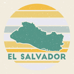 Republic of El Salvador logo. Sign with the map of country and colored stripes, vector illustration. Can be used as insignia, logotype, label, sticker or badge of the Republic of El Salvador. - obrazy, fototapety, plakaty