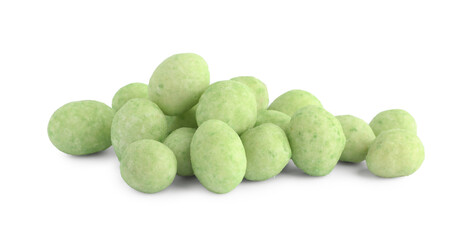 Pile of wasabi coated peanuts on white background