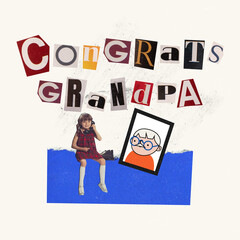 Contemporary art collage. Little girl, child in checkered dress calling her grandfather to congratulate with grandparents day